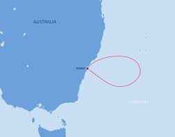 A map showing a route with a red line indicating a cruise's path near Sydney, Australia.