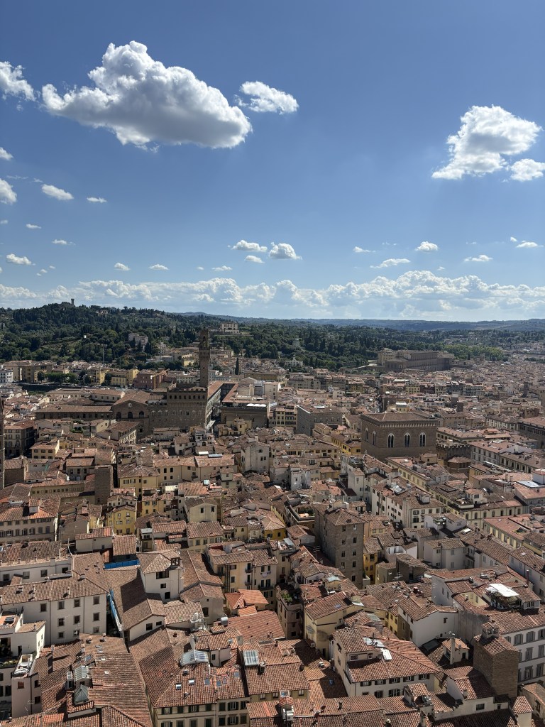 A panoramic view of Florence, Italy, showcasing red-tiled rooftops, historic buildings, and a clear blue sky with fluffy clouds.