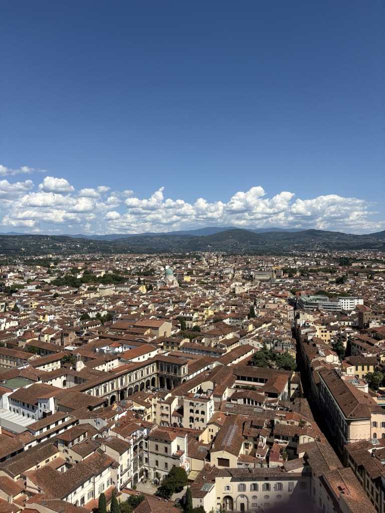A panoramic view of Florence, Italy, showcasing red-tiled rooftops, historic buildings, and mountains under a clear blue sky with scattered clouds.