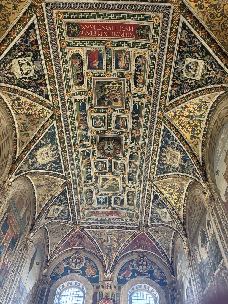 Intricate ceiling artwork featuring various figures and designs, showcasing vibrant colors and detailed patterns, located in a historical setting.