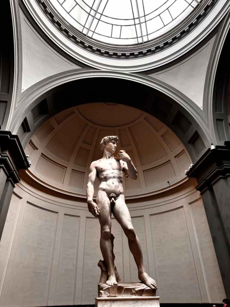 A marble statue of David by Michelangelo standing in a round gallery with a large glass dome above.