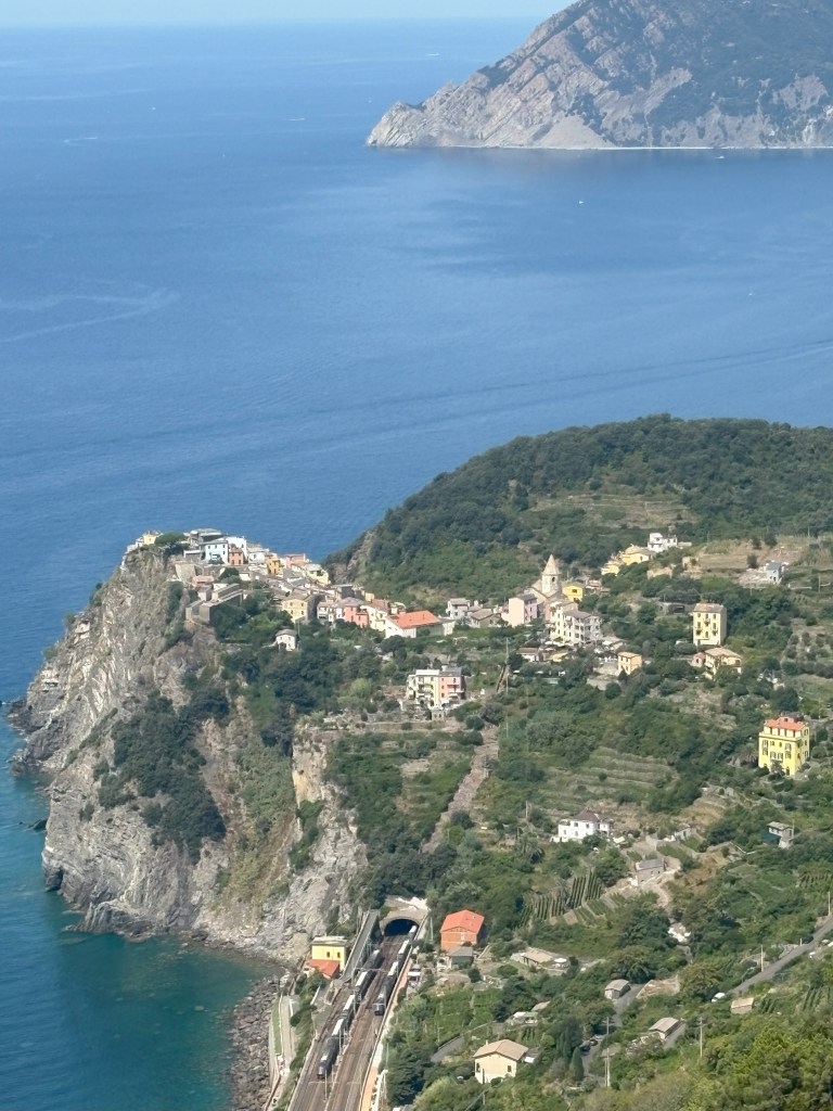 A scenic view of a coastal village on a hillside with colorful buildings, overlooking the blue sea and a train track running along the coastline.