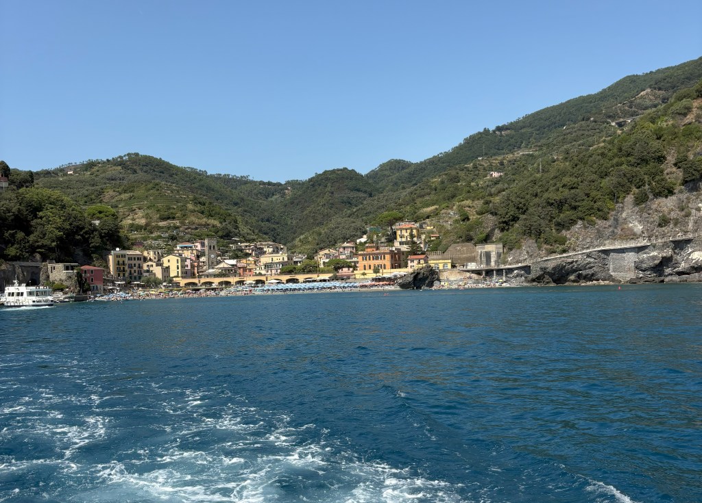 Coastal view of a colorful village nestled against lush mountains and clear blue water.
