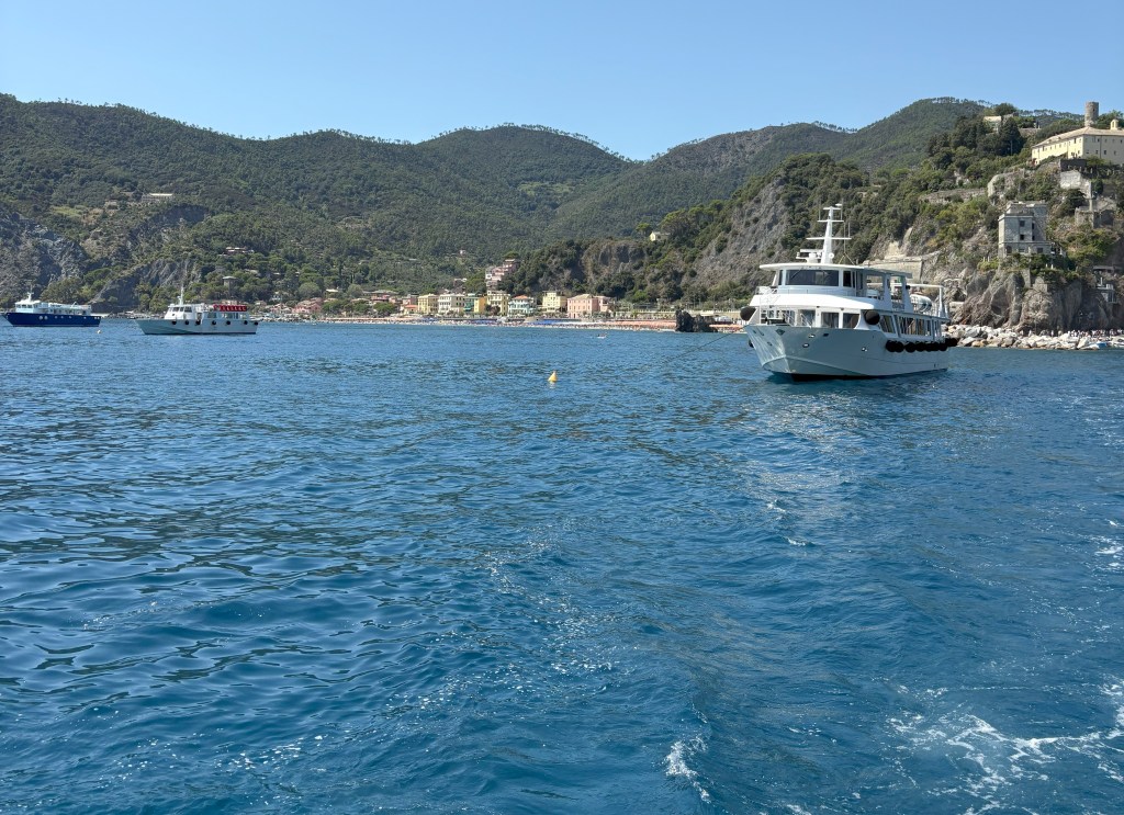 A scenic view of two boats on blue water, with a coastal town and hills in the background.